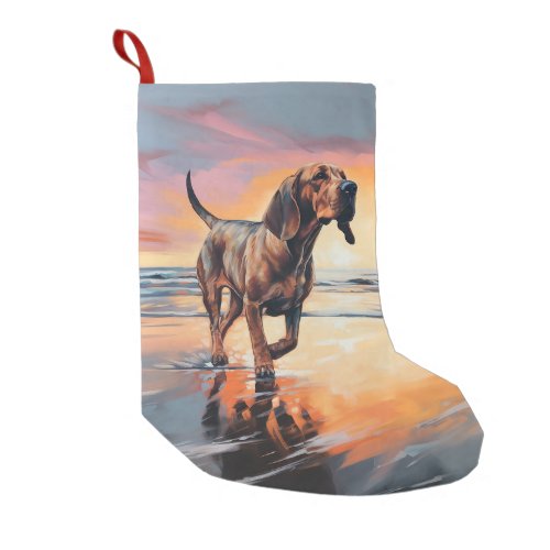 Sandy Paws Bloodhound Dog on Beach Sunset  Small Christmas Stocking