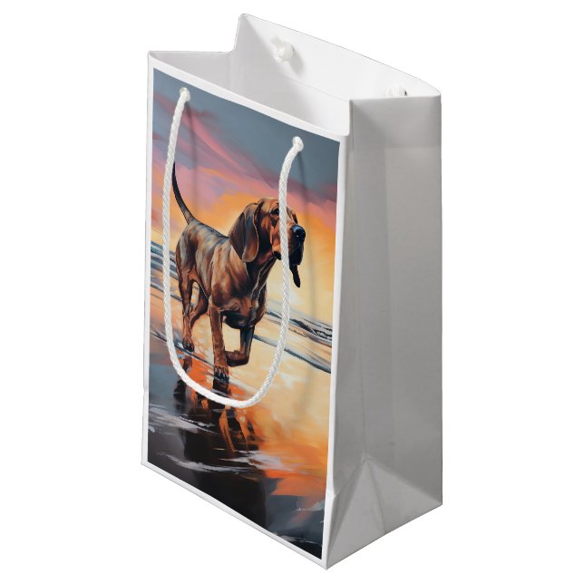 Sandy Paws Bloodhound Dog on Beach Sunset  Small Gift Bag (Front Angled)
