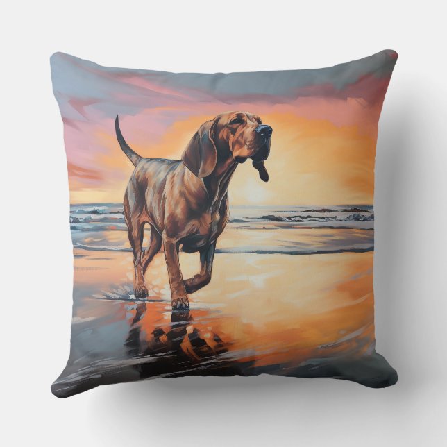 Sandy Paws Bloodhound Dog on Beach Sunset  Throw Pillow (Back)