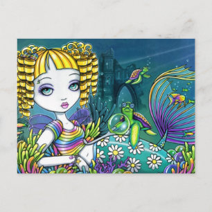 "Sandy" Rainbow Sea Turtle Mermaid Art Postcards