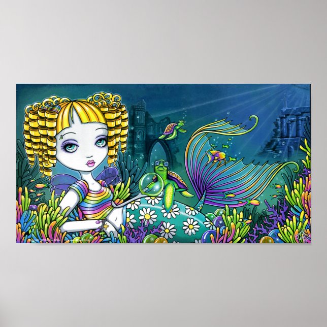 "Sandy" Rainbow Sea Turtle Mermaid Art Poster (Front)