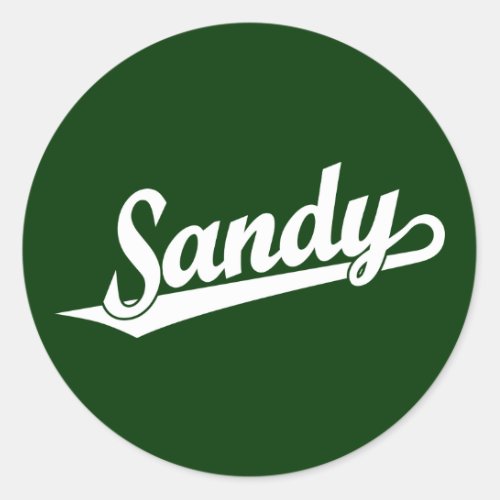 Sandy script logo in white classic round sticker