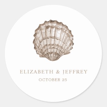 Sandy Seashells Marine Ocean Beach Wedding  Classic Round Sticker by blessedwedding at Zazzle