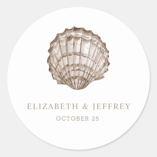 Sandy Seashells Marine Ocean Beach Wedding  Classic Round Sticker (Front)