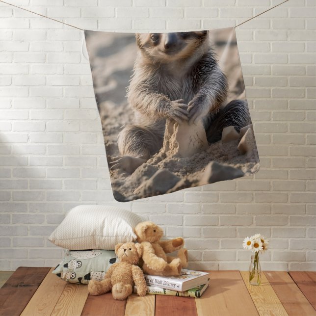 Sandy Shores: Baby Sloth Building Sand Castles, Blanket (In Situ)
