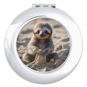 Sandy Shores: Baby Sloth Building Sand Castles, Compact Mirror