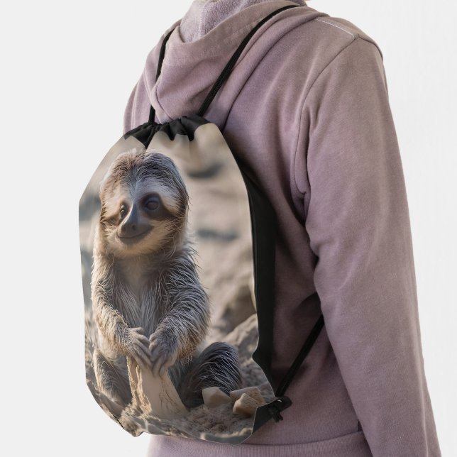 Sandy Shores: Baby Sloth Building Sand Castles, Drawstring Bag (Insitu)