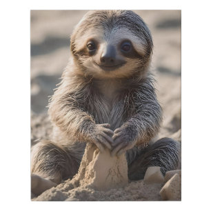 Sandy Shores : Baby Sloth Building Sand Castles, Faux Canvas Print