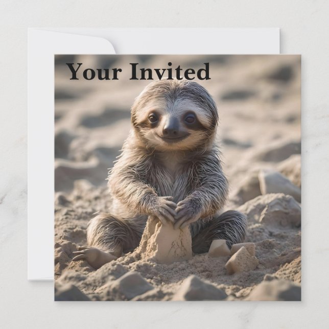 Sandy Shores: Baby Sloth Building Sand Castles, Invitation (Front)