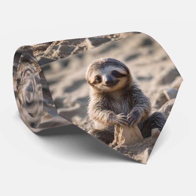 Sandy Shores : Baby Sloth Building Sand Castles, Neck Tie (Rolled)