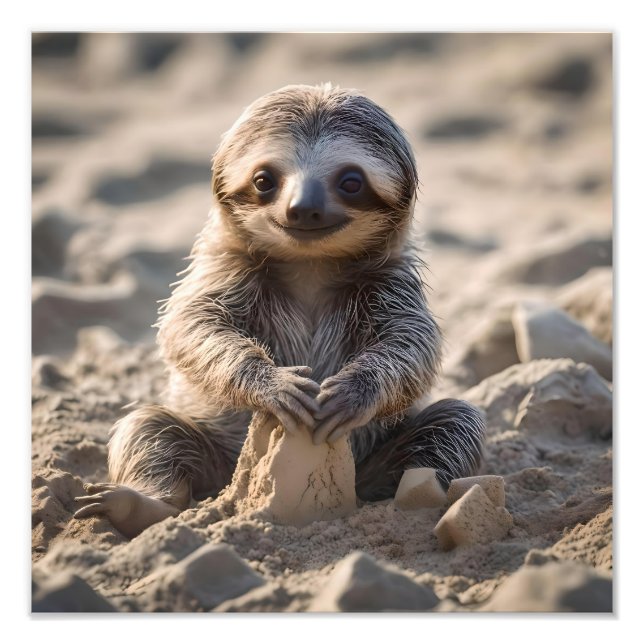 Sandy Shores : Baby Sloth Building Sand Castles, Photo Print (Front)