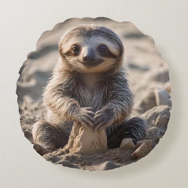Sandy Shores: Baby Sloth Building Sand Castles, Round Pillow (Front)