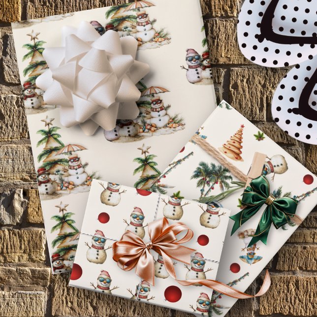 Sandy Snowman Beach Christmas Pattern Wrapping Paper Sheets (Creator Uploaded)