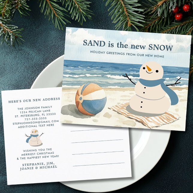 Sandy Snowman Beach Scene New Address Holiday Postcard (Sandy Snowman Beach Scene New Address Holiday Moving Announcement Postcard)