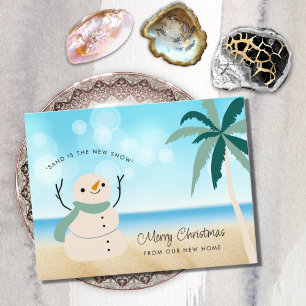Sandy Snowman Palm Tree on Beach New Home Announcement Postcard