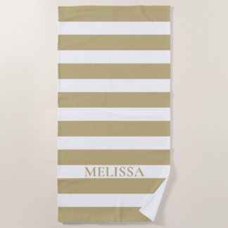 Sandy Tan and White Striped Custom Name Cabana Beach Towel
