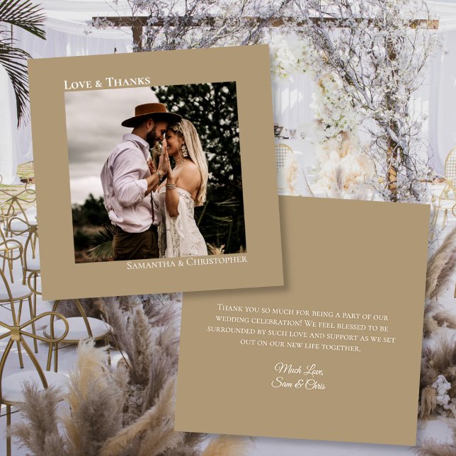 Sandy Tan or Mocha Love Thanks Photo Note Wedding Thank You Card (Front/Back)