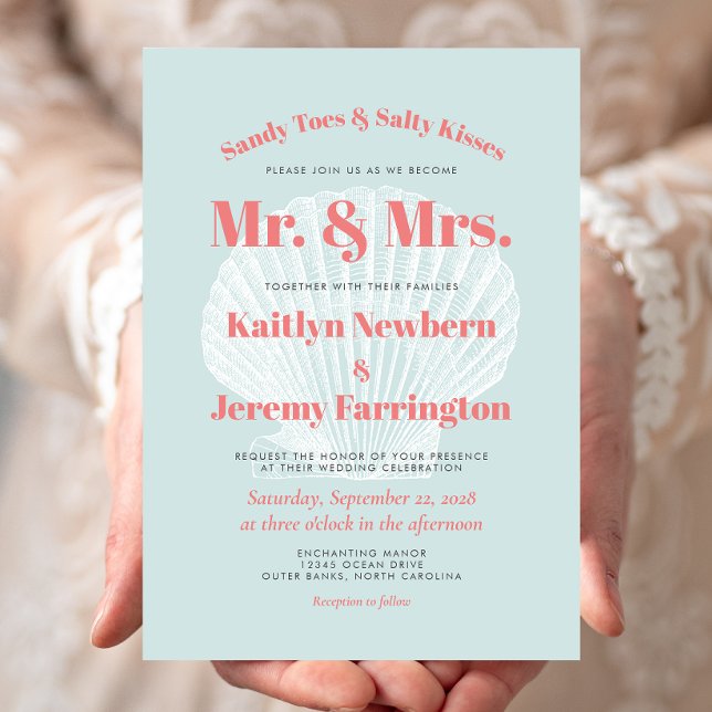 Sandy Toes Aqua Coral Seashell Beach Wedding Invitation (Creator Uploaded)