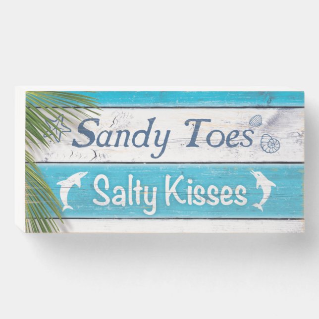 Sandy Toes Salty Kisses Blue and White Wooden Box Sign (Front Horizontal)