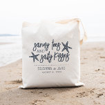 Sandy Toes & Salty Kisses Destination Wedding Tote Bag<br><div class="desc">A perfect favor or welcome bag for your destination wedding,  this beachy summer design features "sandy toes and salty kisses" in navy blue lettering with two starfish. Personalize with your names and wedding date beneath.</div>