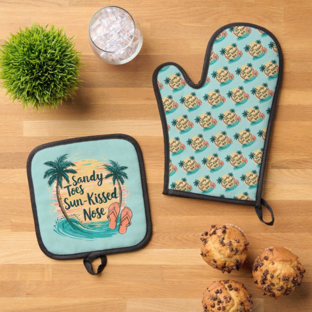 Sandy Toes Sun-Kissed Nose Beach Aesthetic Oven Mitt & Pot Holder Set (Top Down)