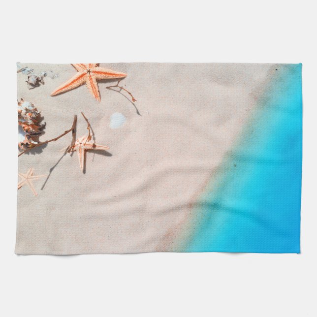 Sandy Tropical Beach Starfish Seashell Kitchen Towel (Horizontal)