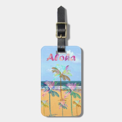 Sandy tropical beach watercolor palm trees luggage tag