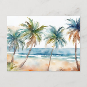 Sandy Watercolor Tropical Beach, Palm Trees Postcard