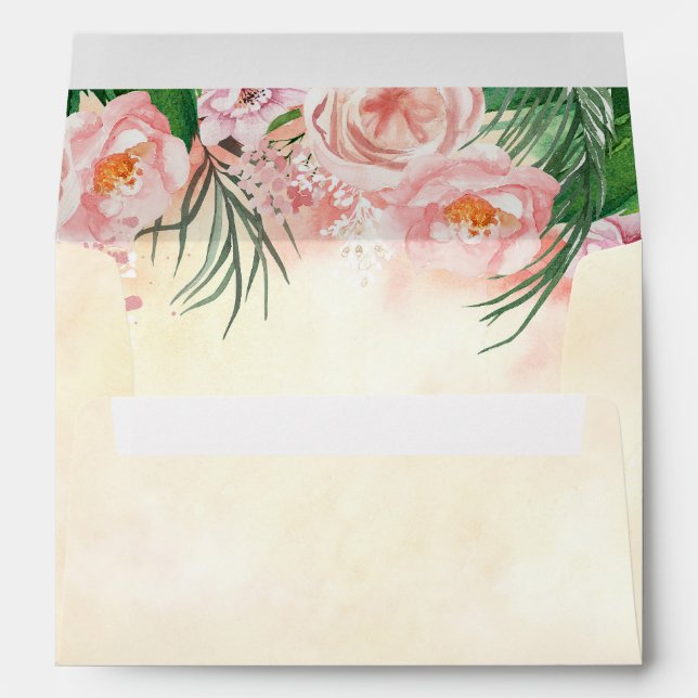 Sandy Watercolors Pink Tropical Flowers and Palms Envelope (Back (Bottom))