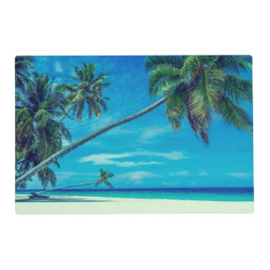 Sandy White Beach with Tropical Palm Trees Placemat