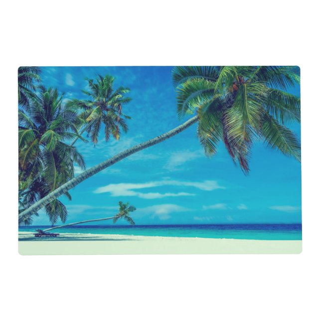Sandy White Beach with Tropical Palm Trees Placemat (Front)