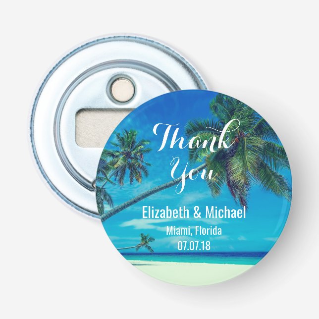Sandy White Beach with Tropical Palm Trees Wedding Bottle Opener (Front)