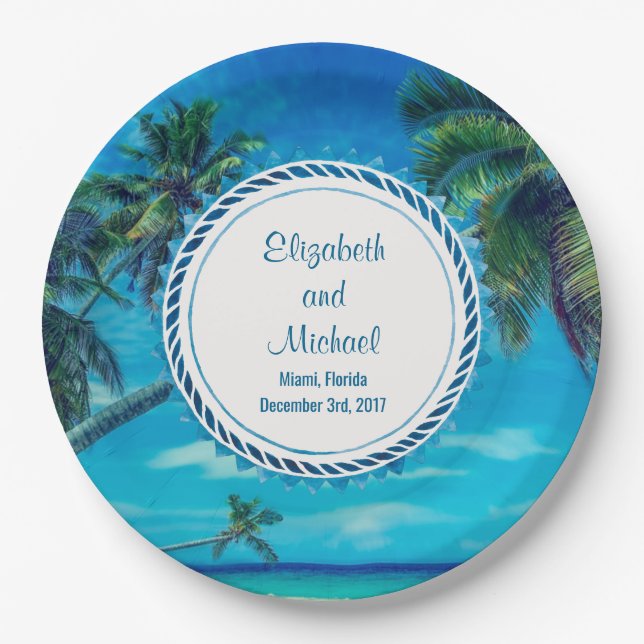 Sandy White Beach with Tropical Palm Trees Wedding Paper Plates (Front)