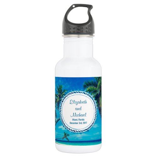 Sandy White Beach with Tropical Palm Trees Wedding Water Bottle