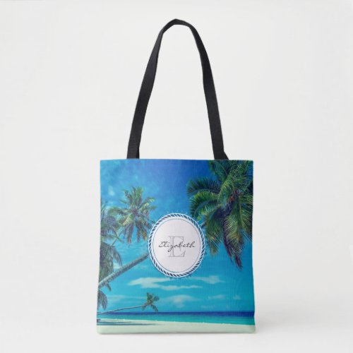 Sandy White Beach with Tropical Palms Monogram Tote Bag