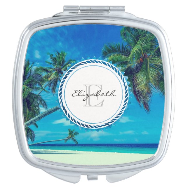 Sandy White Beach with Tropical Palms Monogram Vanity Mirror (Front)