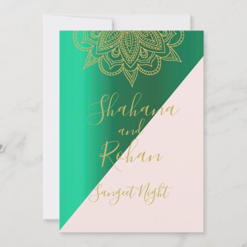 Sangeet Indian Style Green Pink Gold Color Modern Invitation
