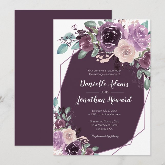 Sangria Dark Purple Floral Geometric Wedding | Invitation (Front/Back)