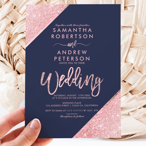 Sangria glitter typography navy blue wedding invitation