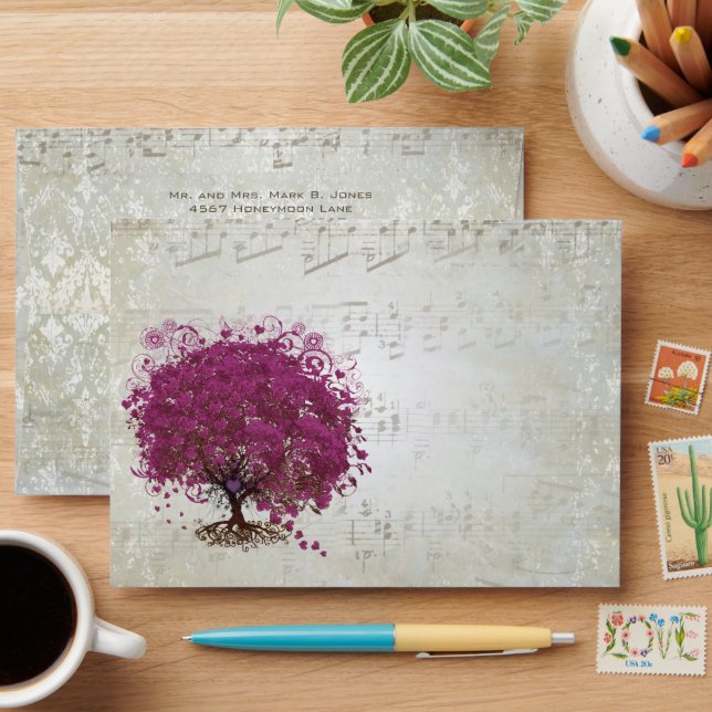 Sangria Heart Leaf Musical Damask Envelope (Desk)