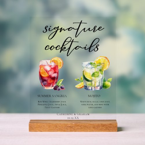 Sangria Mojito Signature Cocktails Wedding Menu Acrylic Sign