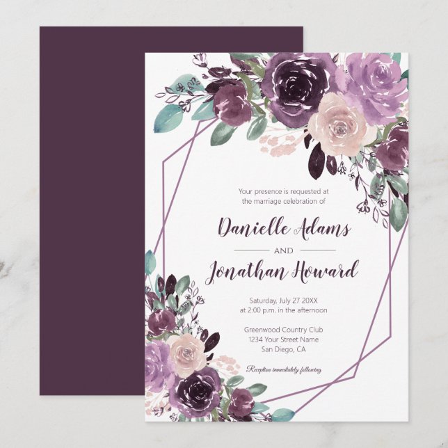 Sangria Purple Floral Geometric Wedding | Invitation (Front/Back)