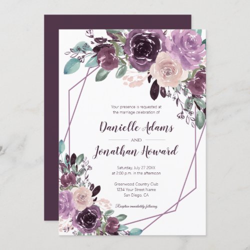 Sangria Purple Floral Geometric Wedding  Invitation