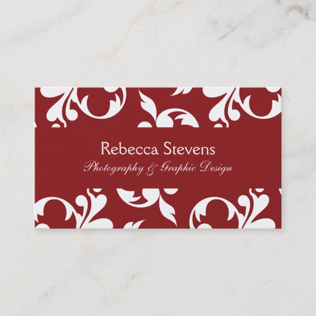 Sangria Red and White Swirling Vine Business Card (Front)