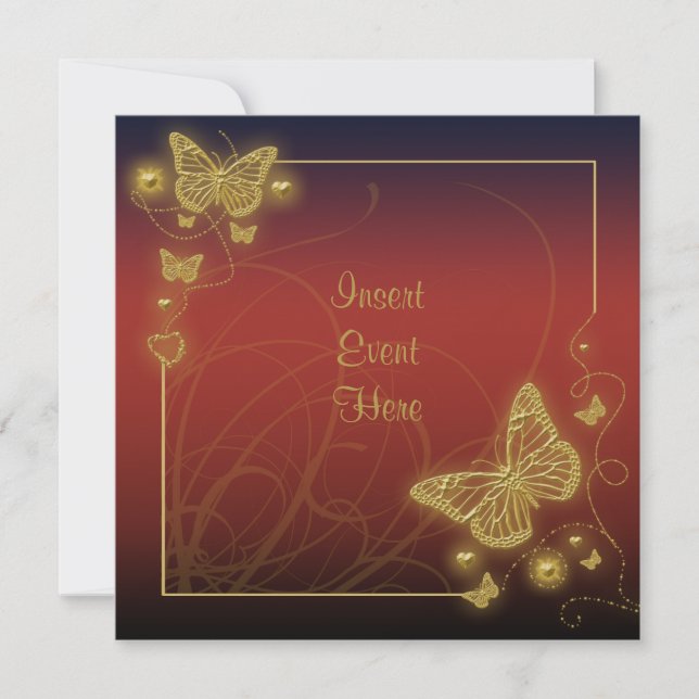 Sangria red butterfly gold black swirls invitation (Front)