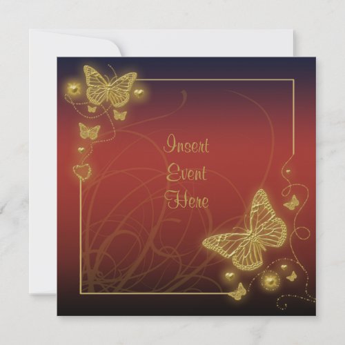 Sangria red butterfly gold black swirls invitation