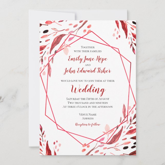 Sangria Red Leaves Geometric Frame Wedding Invitation (Front)