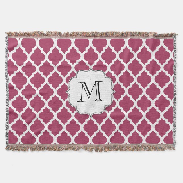 Sangria Red Moroccan Tile w/ Customizable Monogram Throw Blanket (Front)
