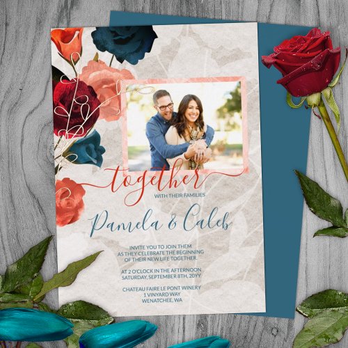 Sangria Red Teal Roses Gold Leaves Summer Wedding Foil Invitation