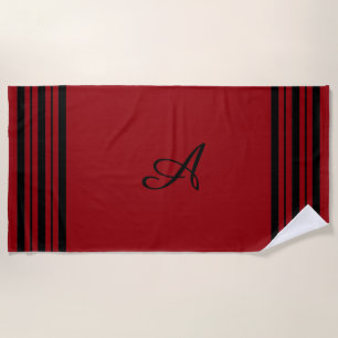 Sangria Red with Black Stripes Bars and Monogram Beach Towel